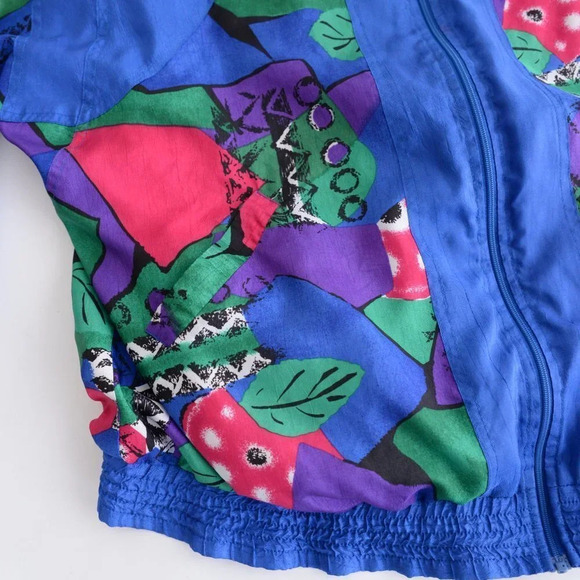 Vintage TanJay Blue Nylon Pink & Green Abstract Design Light Bomber Jacket XS - Picture 10 of 14